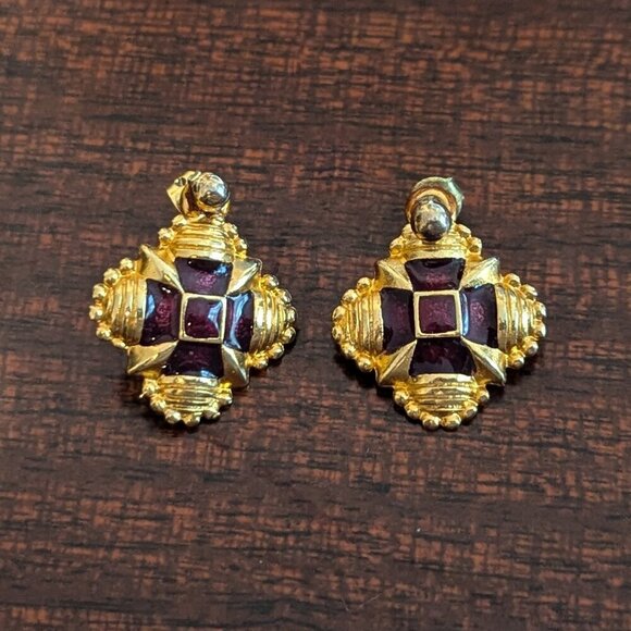 Vintage Dauplaise Statement Earrings Gold Garnet Tone Costume Jewelry Victorian - Picture 1 of 6